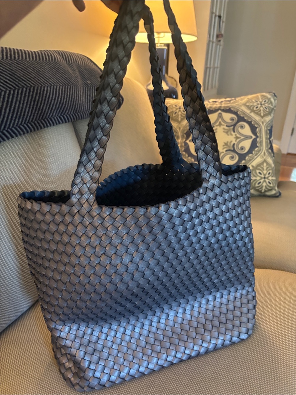 Woven Reversible Tote Bag in Dark Blue & Silver